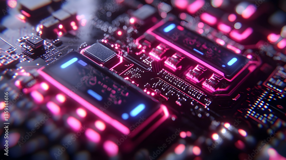 Close-up view of a vibrant circuit board with glowing components and intricate designs, showcasing technology in a futuristic setting Close-up view of a vibrant circuit board with glowing components and intricate designs, showcasing technology in a futuristic setting