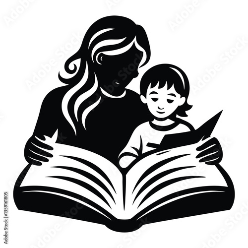 Silhouette of a Mother Teaching Her daughter to read the book illustration silhouette isolated on a white background