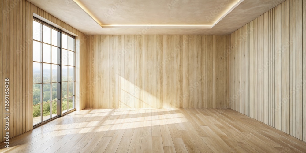 Empty Room with Wood Walls and Ceiling Lights and Window with View of Lush Greenery Empty Room with Wood Walls and Ceiling Lights and Window with View of Lush Greenery