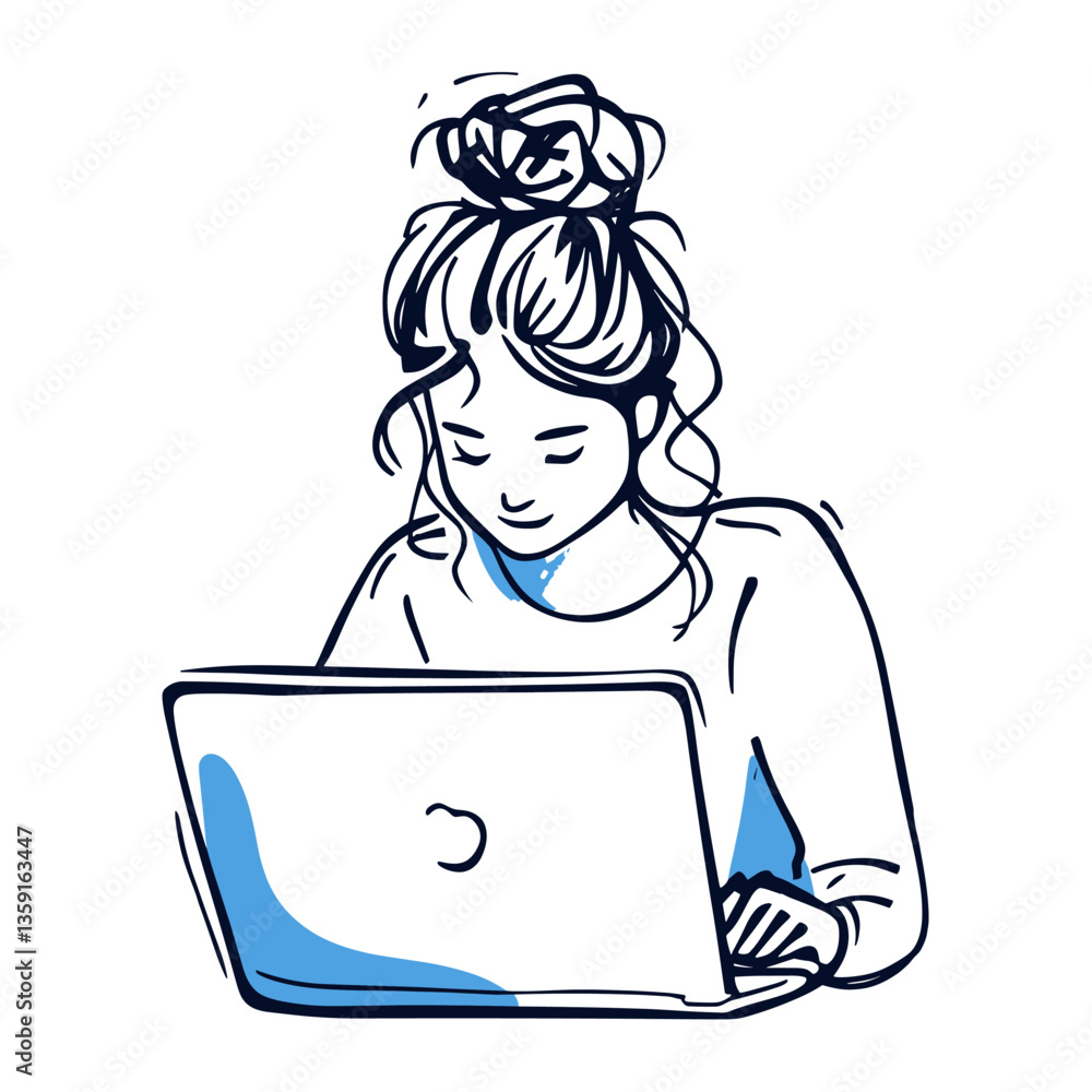 Woman using laptop art blue illustration vector
