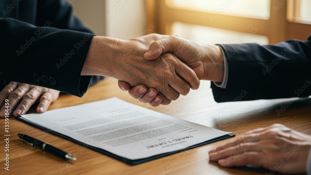 Businessmen shaking hands over signed contract in office, symbolizing agreement and collaboration Businessmen shaking hands over signed contract in office, symbolizing agreement and collaboration