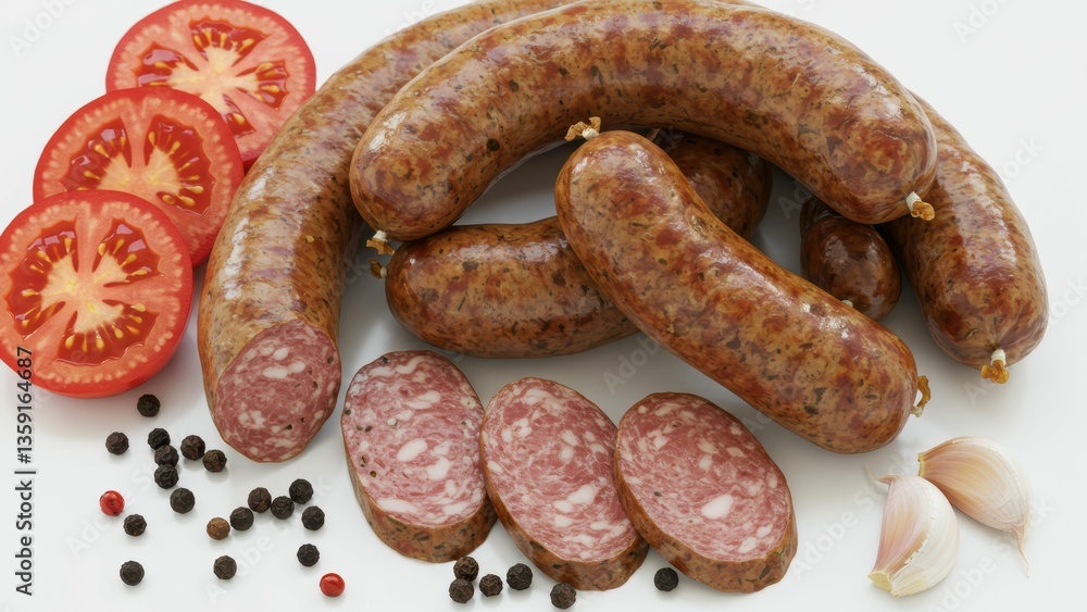 Sliced smoked sausage with fresh tomatoes, garlic, and spices Highlights culinary culture and food preparation Sliced smoked sausage with fresh tomatoes, garlic, and spices Highlights culinary culture and food preparation