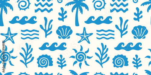 Simple marine wavy groovy naive seamless pattern. Vector design of the sea and ocean