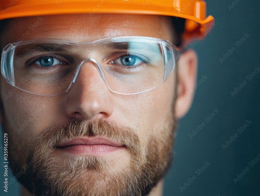 Man with safety glasses and hard hat Man with safety glasses and hard hat