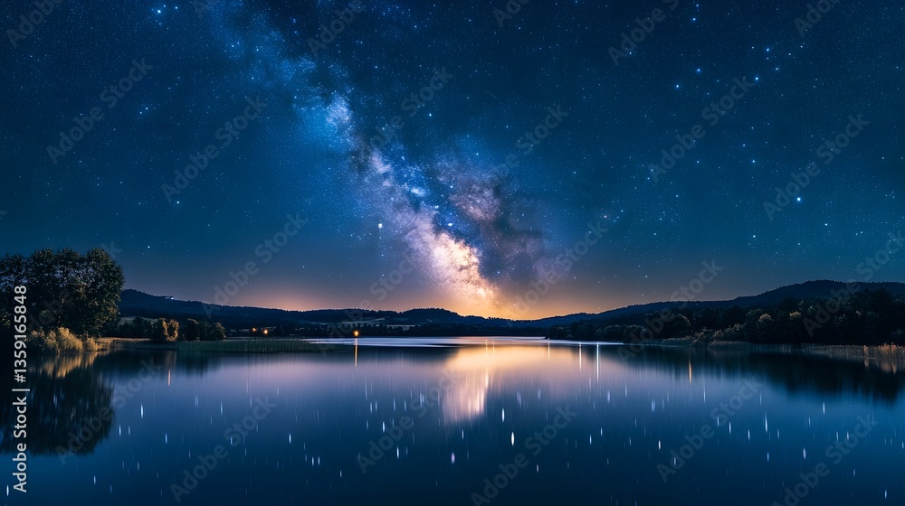 A mesmerizing view of the Milky Way over a calm lake, with stars reflecting on the water A mesmerizing view of the Milky Way over a calm lake, with stars reflecting on the water