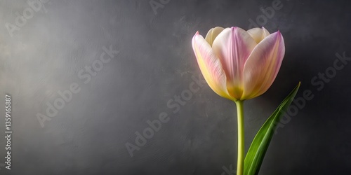 A single, delicate, pale pink tulip with a touch of yellow against a dark, textured background.