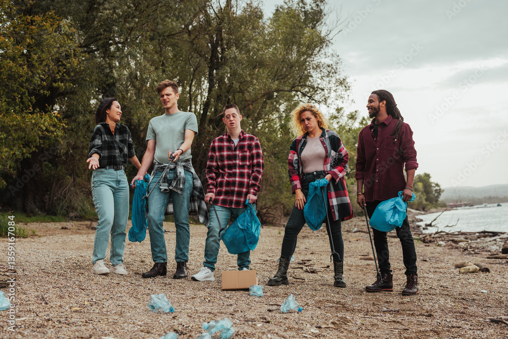 Volunteers looking sad while picking up garbage on earth day Volunteers looking sad while picking up garbage on earth day