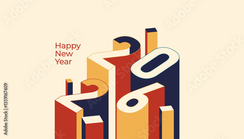 Happy New Year 2026 3d isometric style with retro colour, celebration, greeting card, invitation, calendar concept. Design template post new year 2026
