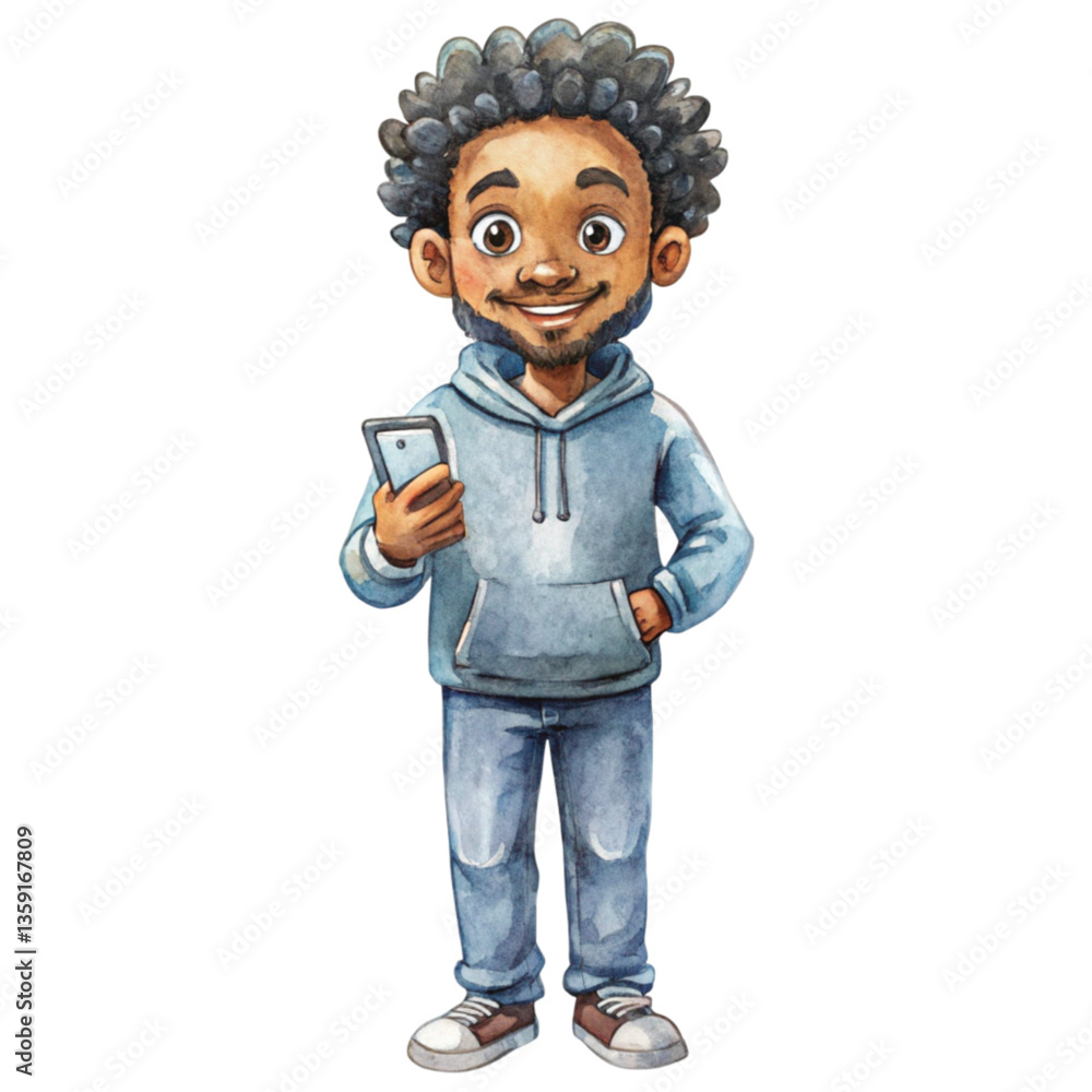 Black people Minimal Standing holding a mobile phone Vector , Watercolor Black people Minimal Standing holding a mobile phone Vector , Watercolor