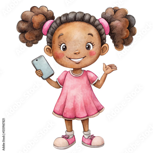 Black people Minimal Standing holding a mobile phone Vector , Watercolor 
