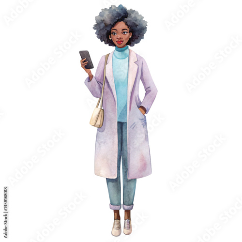 Black people Minimal Standing holding a mobile phone Vector , Watercolor 