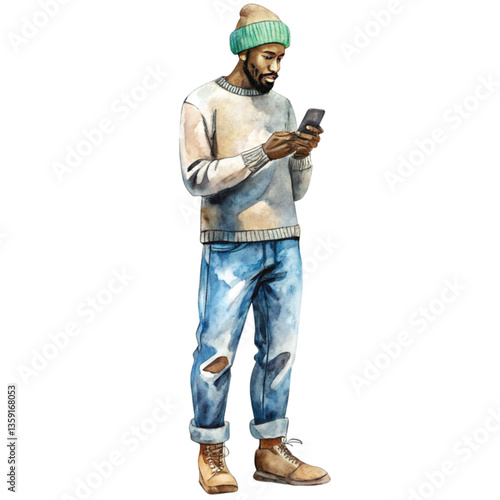 Black people Minimal Standing holding a mobile phone Vector , Watercolor 