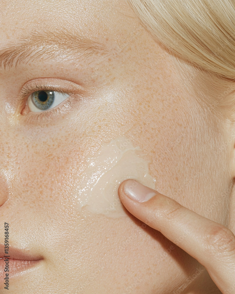 Fototapeta premium Close-up shot of a light skin Caucasian woman applying cream on face