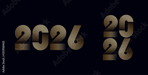Happy New Year 2026 minimal geometric stripes line in gold colour, celebration, greeting card, invitation, calendar concept. Design template post new year 2026.