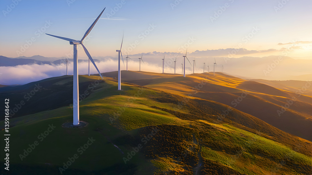 Obraz premium A modern wind farm with multiple sleek white wind turbines spread across rolling hills, with the sun setting behind them