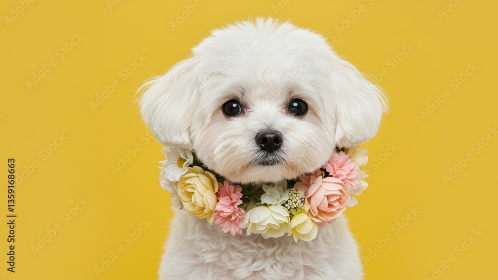Obraz premium White Bichon Frise puppy wearing floral collar on yellow background Perfect for pet themed concepts