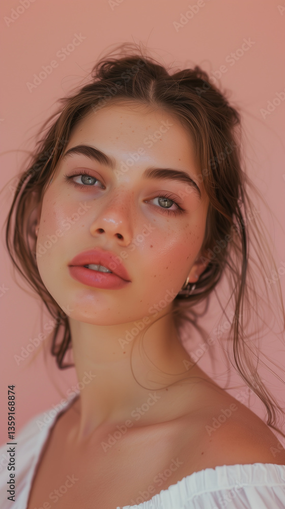 Obraz premium A soft and elegant close-up portrait of a young woman with glowing skin, freckles, and minimal makeup, exuding natural beauty and charm. 