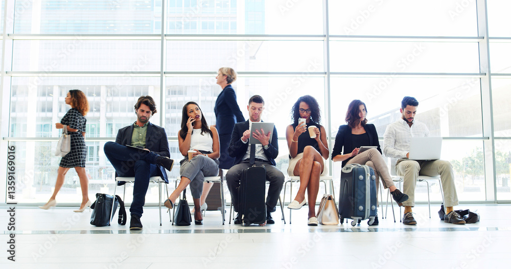 © peopleimages.com - Business, people and waiting line at airport of travel delay, corporate trip and international flight. Staff, row and process with luggage of boarding schedule, online booking and ticket application