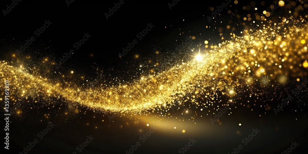 Naklejka premium A swirling wave of golden glitter on a black background, creating a mesmerizing spectacle of light and movement