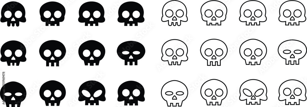 Skull vector icon set, abstract spooky design, pirate icons logo Halloween ghost graphic symbol, Symbols of poison and danger. Pirate flag attribute pictogram, isolated on transparent background.