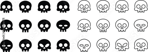 Skull vector icon set, abstract spooky design, pirate icons logo Halloween ghost graphic symbol, Symbols of poison and danger. Pirate flag attribute pictogram, isolated on transparent background.