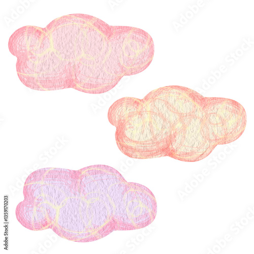 Set of three pink cartoon clouds isolated on white background. Simple, abstract sunset clouds clip art. Watercolor illustration for children's products: books, stationery, stickers, soap, shampoo, etc
