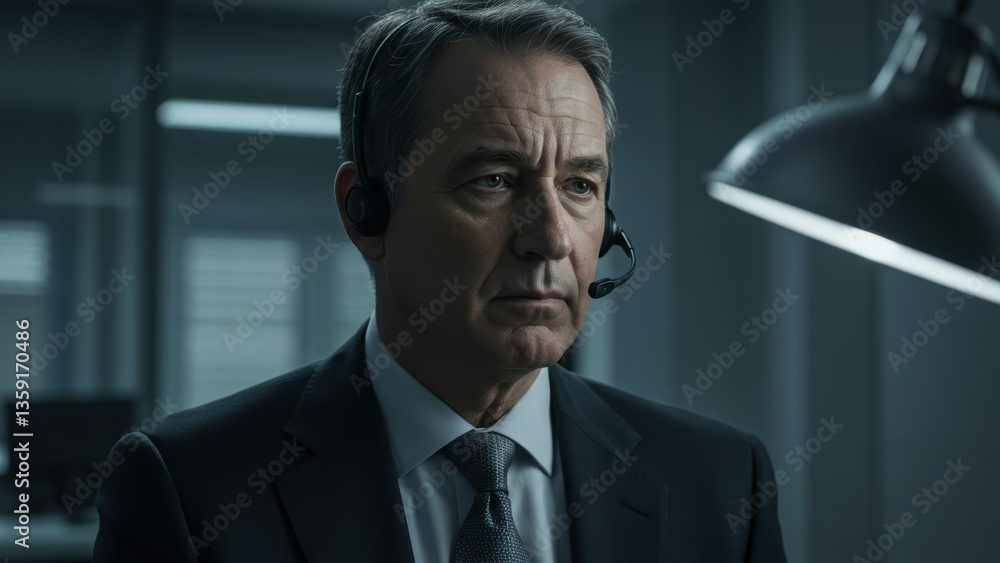 Middle aged man in business attire using headset in corporate office Focus on communication technology and professionalism Middle aged man in business attire using headset in corporate office Focus on communication technology and professionalism