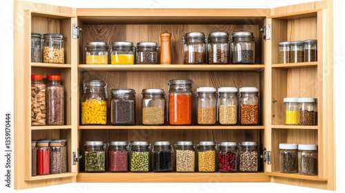 Fototapeta Naklejka Na Ścianę i Meble -  A well-organized spice cabinet filled with colorful jars. It showcases various spices and flavors. Ideal for cooking enthusiasts and food lovers. Generative AI