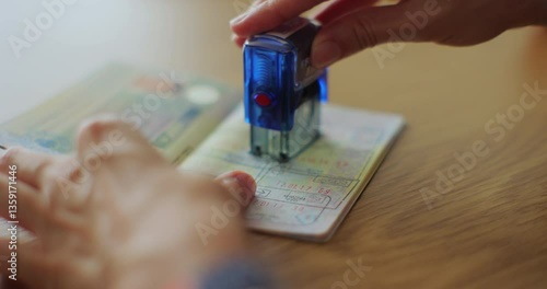 The concept of obtaining a stamp in the passport on entry into the territory of another state. Visa stamp in passport ID. Entry in foreign country.