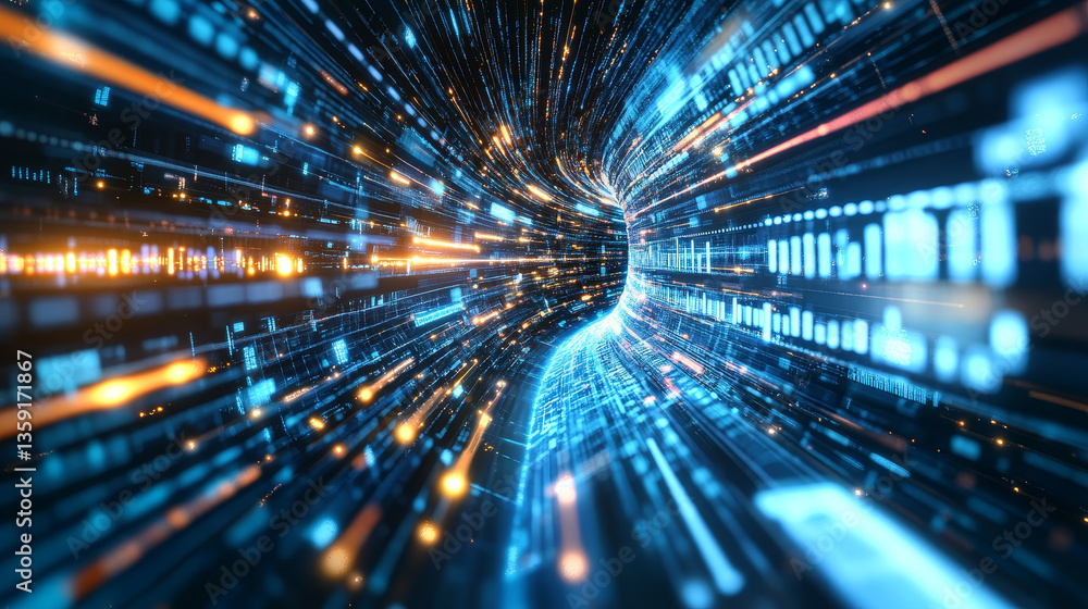 Information flow of digital code. Current data and computer scheme. High speed, wired internet connection. Nanotechnology 3D illustration Information flow of digital code. Current data and computer scheme. High speed, wired internet connection. Nanotechnology 3D illustration