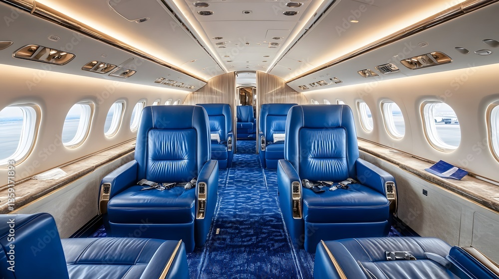 Fototapeta premium luxurious private jet interior blue leather seating