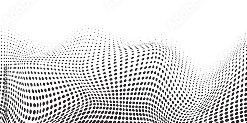 Abstract halftone wave pattern with black dots creating a dynamic optical illusion effect. Modern geometric texture background, digital design, and futuristic concepts. Vector illustration.
