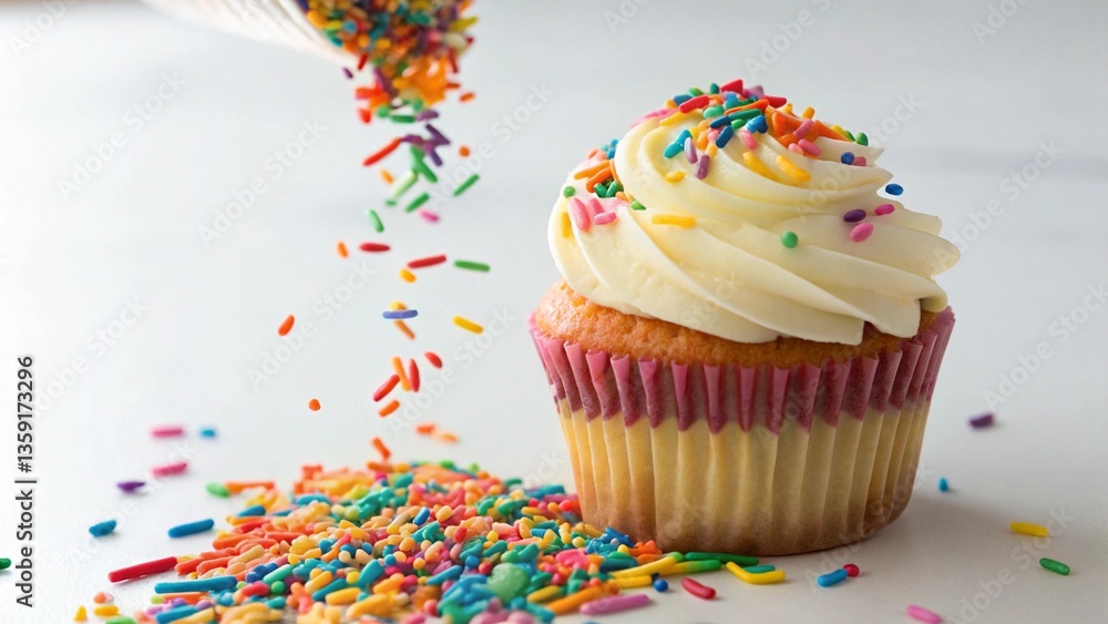 A cupcake with white frosting and colorful sprinkles, showcasing a sweet treat.
A cupcake with white frosting and colorful sprinkles, showcasing a sweet treat.