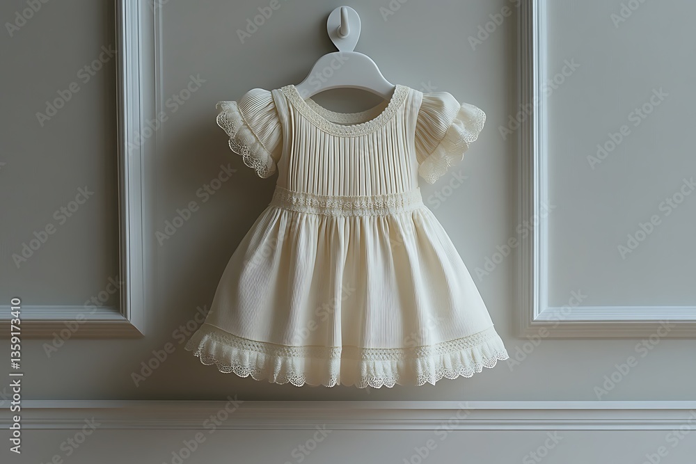 Ivory Dress Hanging on White Hanger with Lace Detail on a Cream Wall Background Ivory Dress Hanging on White Hanger with Lace Detail on a Cream Wall Background