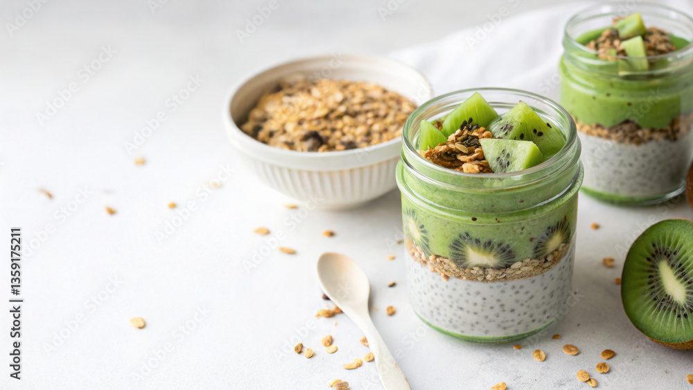 Vegan Desserts matcha: Healthy green smoothie jars with chia seeds and kiwi slices. Trendy healthy menu Vegan Desserts matcha: Healthy green smoothie jars with chia seeds and kiwi slices. Trendy healthy menu