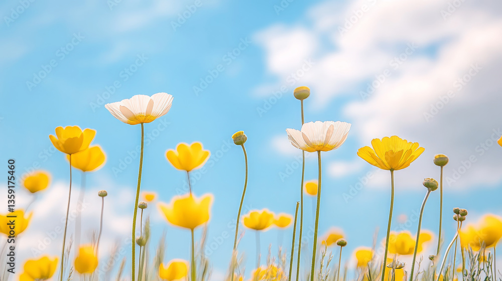 Fototapeta premium Yellow and white flowers under bright blue sky