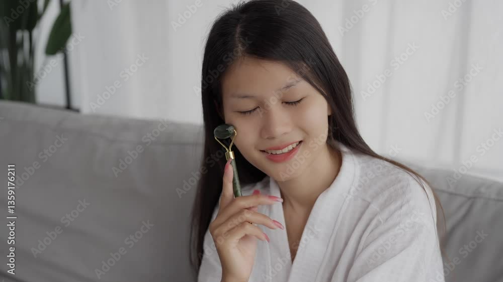 Asian woman in bathrobeses gua sha quarz lifting tool on face. Woman self massage with jade gouache scraper Asian woman in bathrobeses gua sha quarz lifting tool on face. Woman self massage with jade gouache scraper