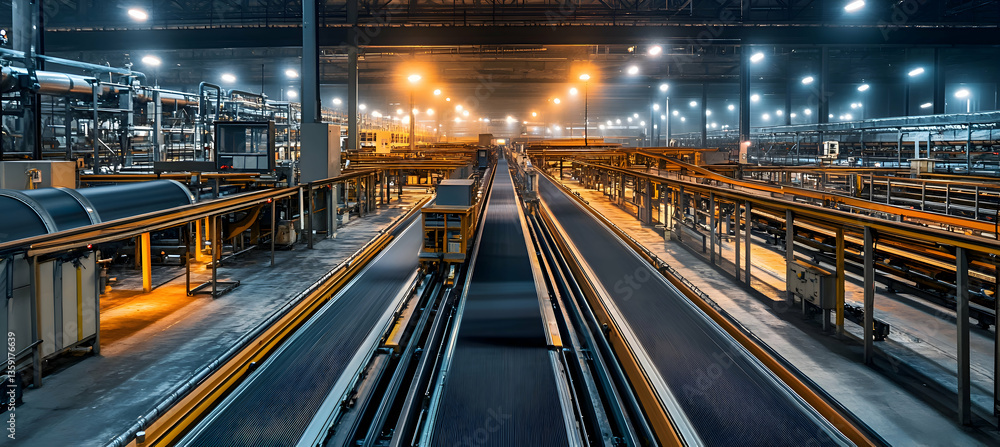 A nighttime view of a textile factory with conveyor belts running under artificial lights A nighttime view of a textile factory with conveyor belts running under artificial lights