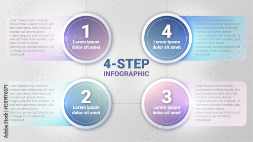 Four-step infographic layout with colorful glowing spheres