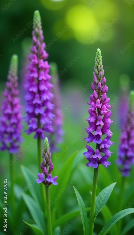 Fototapeta premium A vibrant burst of purple plants in full bloom, standing out against a lush green background, blooming, environment