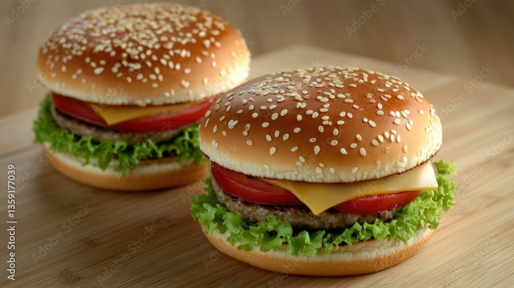 Freshly prepared cheeseburger and cheeseless burger with lettuce, tomato, and pickle. Freshly prepared cheeseburger and cheeseless burger with lettuce, tomato, and pickle.