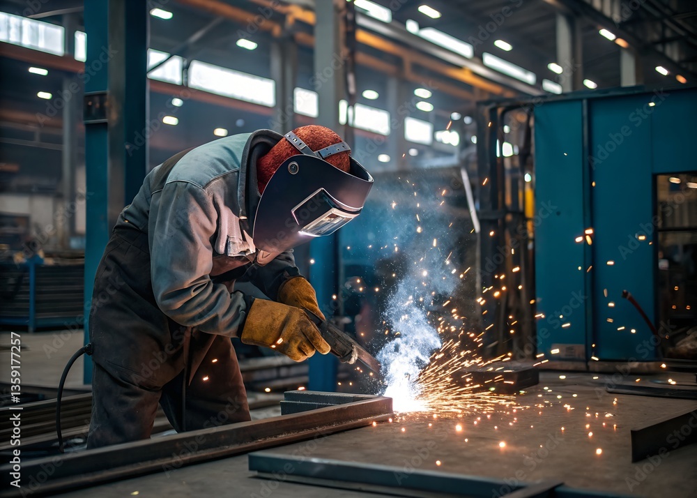 Intense Welder at Work Sparks Fly in Industrial Setting Intense Welder at Work Sparks Fly in Industrial Setting