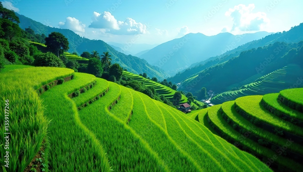 Fototapeta premium A stunning aerial shot showcasing vibrant green rice terraces against a clear blue sky, panoramic view, scenery