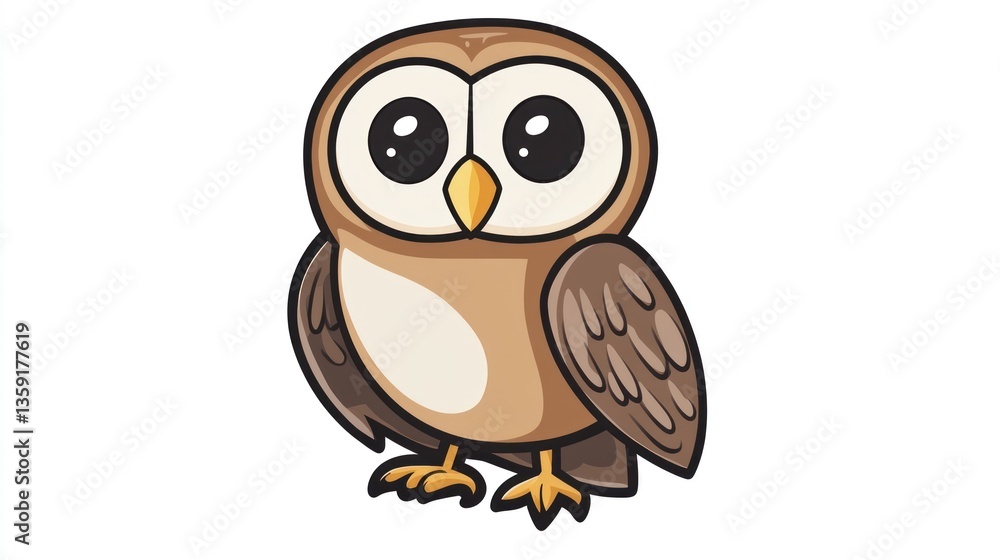 Fototapeta premium Cute cartoon owl, front view, against white background; use for children's book illustration or educational material