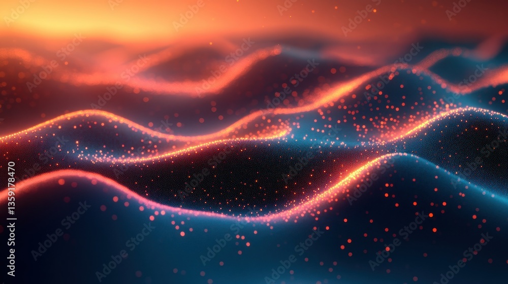 Obraz premium Abstract digital landscape, glowing particles, sunset, data visualization