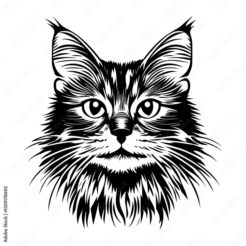 Chubby Norwegian Forest cat head linear art illustration drawing vector Chubby Norwegian Forest cat head linear art illustration drawing vector