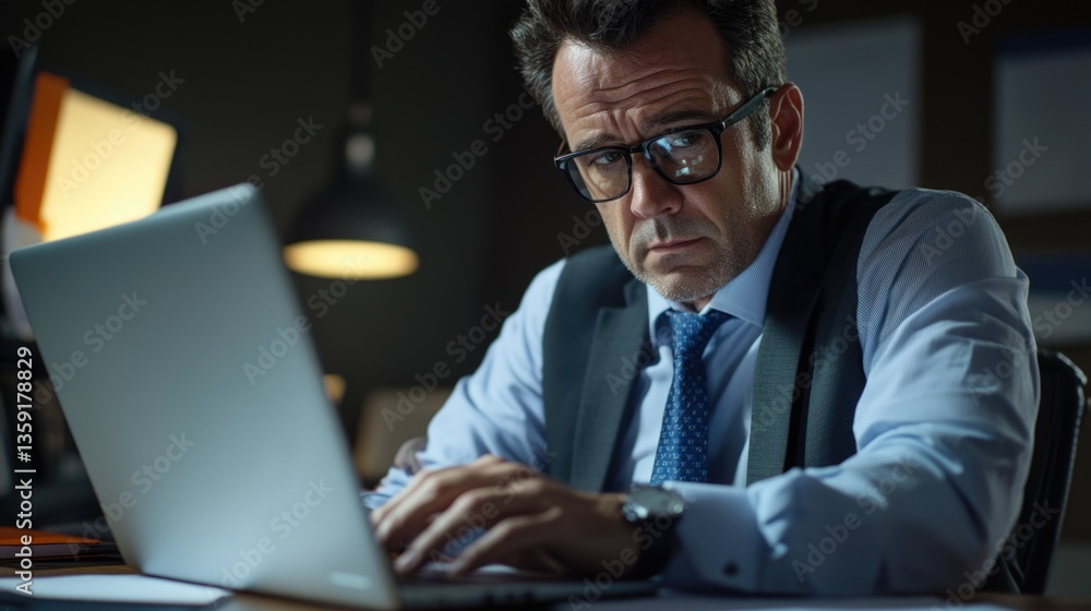 A focused man in suit sitting at desk with laptop, engaged in deep concentration. Dark office setting A focused man in suit sitting at desk with laptop, engaged in deep concentration. Dark office setting