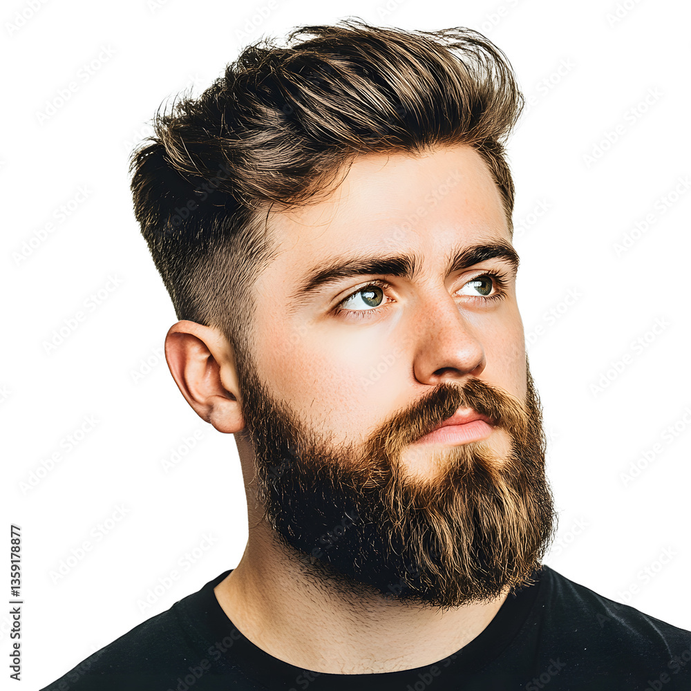 Stylish portrait showcasing a trendy man with a well-groomed beard, fashionable haircut, and captivating green eyes, set against a plain backdrop.