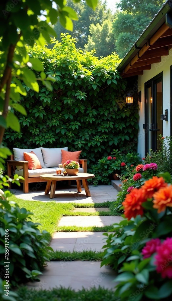 Fototapeta premium A stunning backyard oasis with vibrant flowers, lush greenery, and a cozy seating area, flowers, greenery