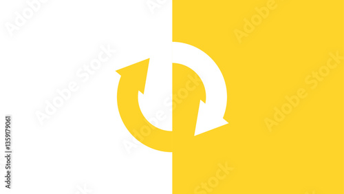 Two circular arrows forming a loop, split between a yellow and white background. Cyclic movement concept.